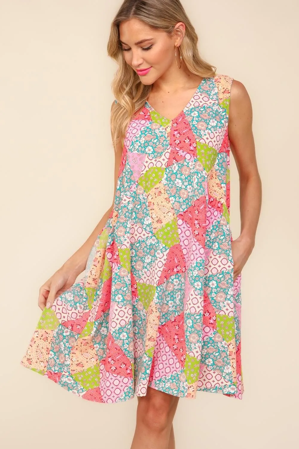 PEACHY SAGE FLORAL PATCHWORK DRESS