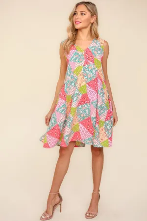 PEACHY SAGE FLORAL PATCHWORK DRESS