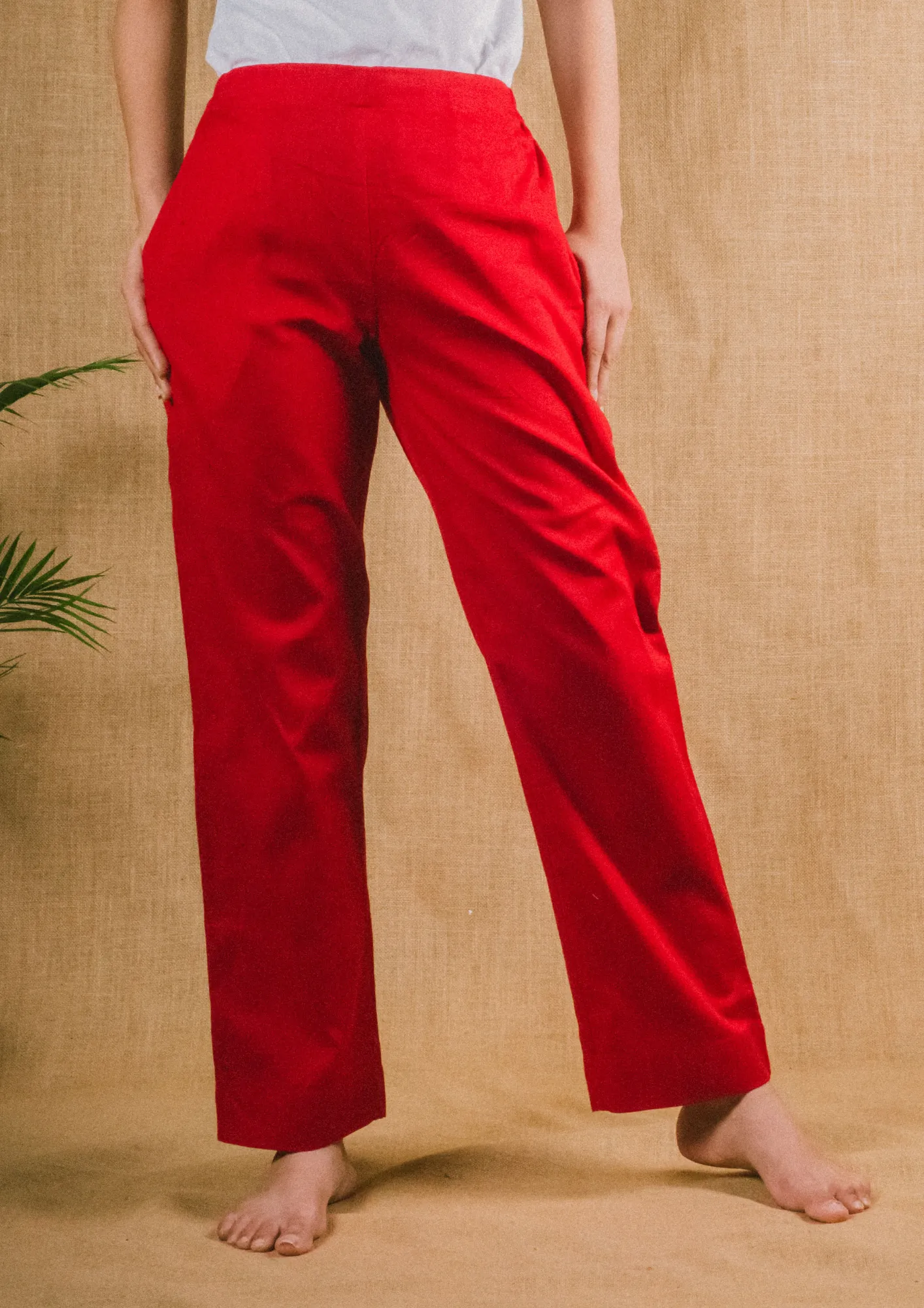 Plus Size Straight Fit Cotton Pants With Pockets