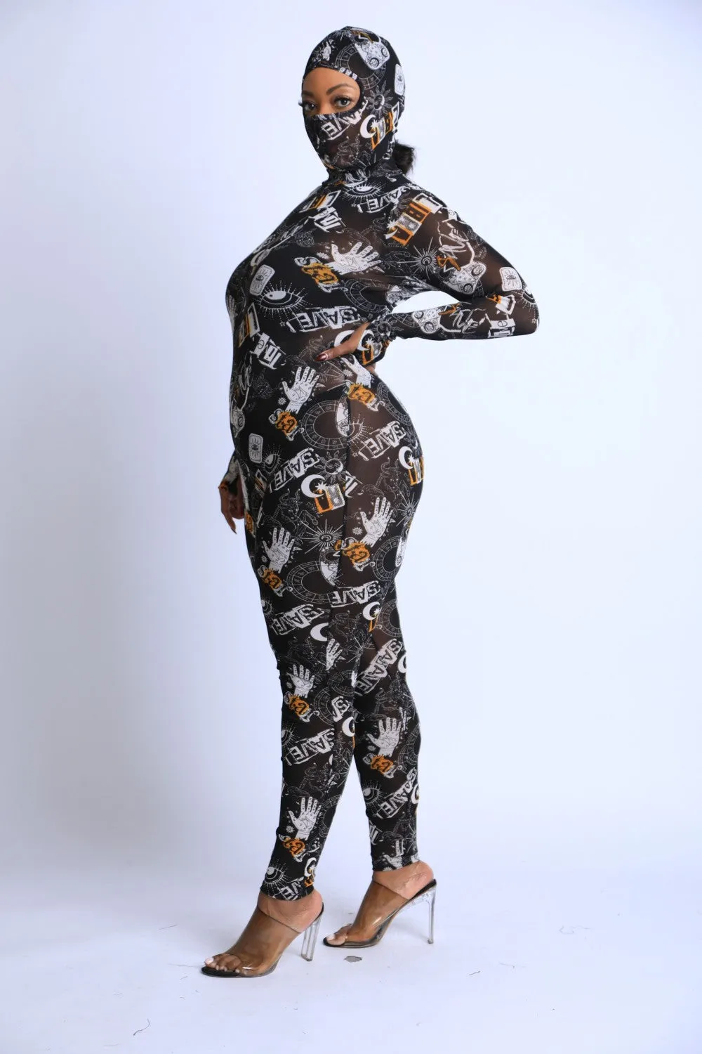 Printed Mesh Jumpsuit With Headpiece