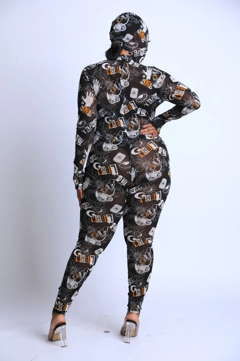 Printed Mesh Jumpsuit With Headpiece
