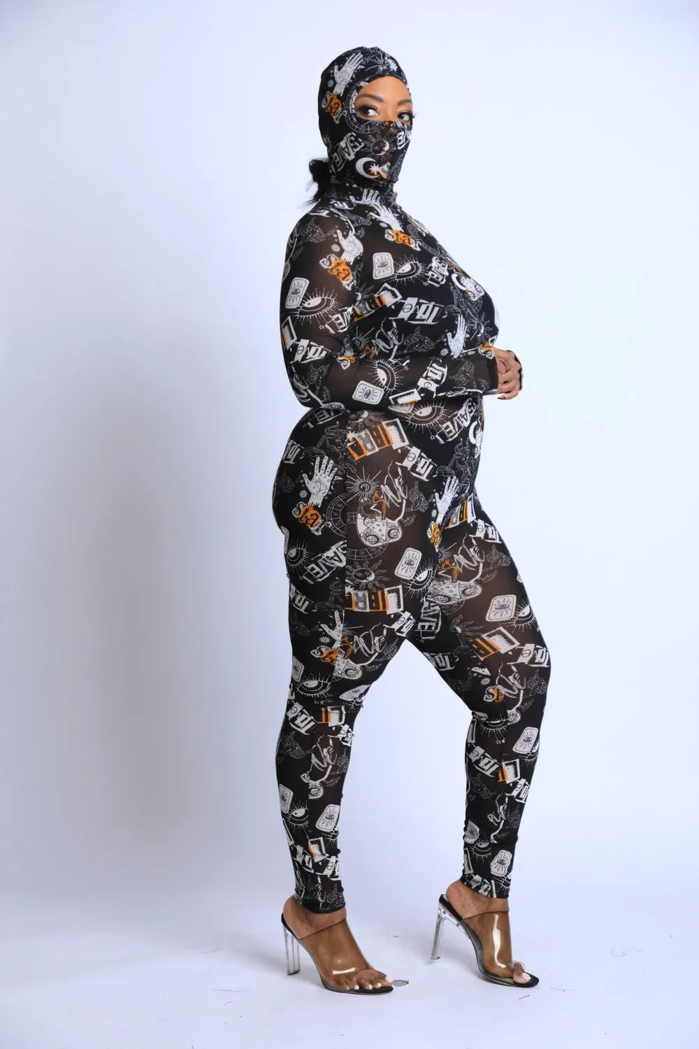 Printed Mesh Jumpsuit With Headpiece