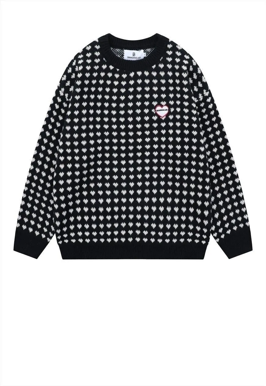 Retro heart sweater vintage pattern jumper 80s top in Black