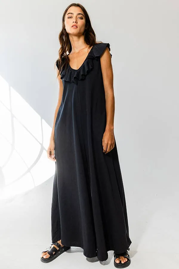 Ruffled V-neck Wide Leg Solid French Terry Jumpsuit