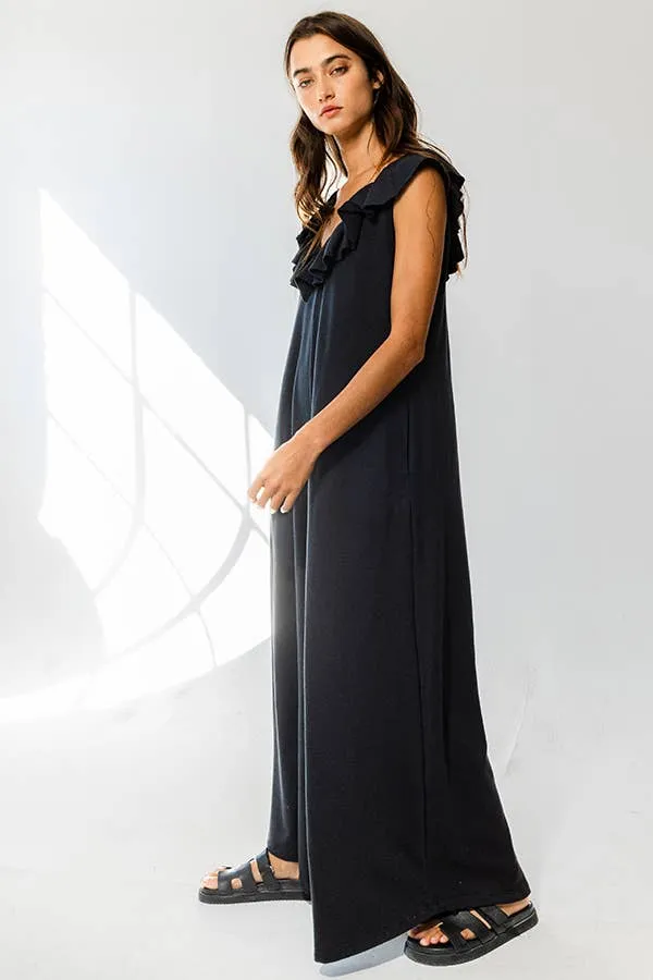 Ruffled V-neck Wide Leg Solid French Terry Jumpsuit