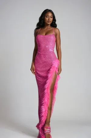 Sequin Maxi Dress with Fur Trim