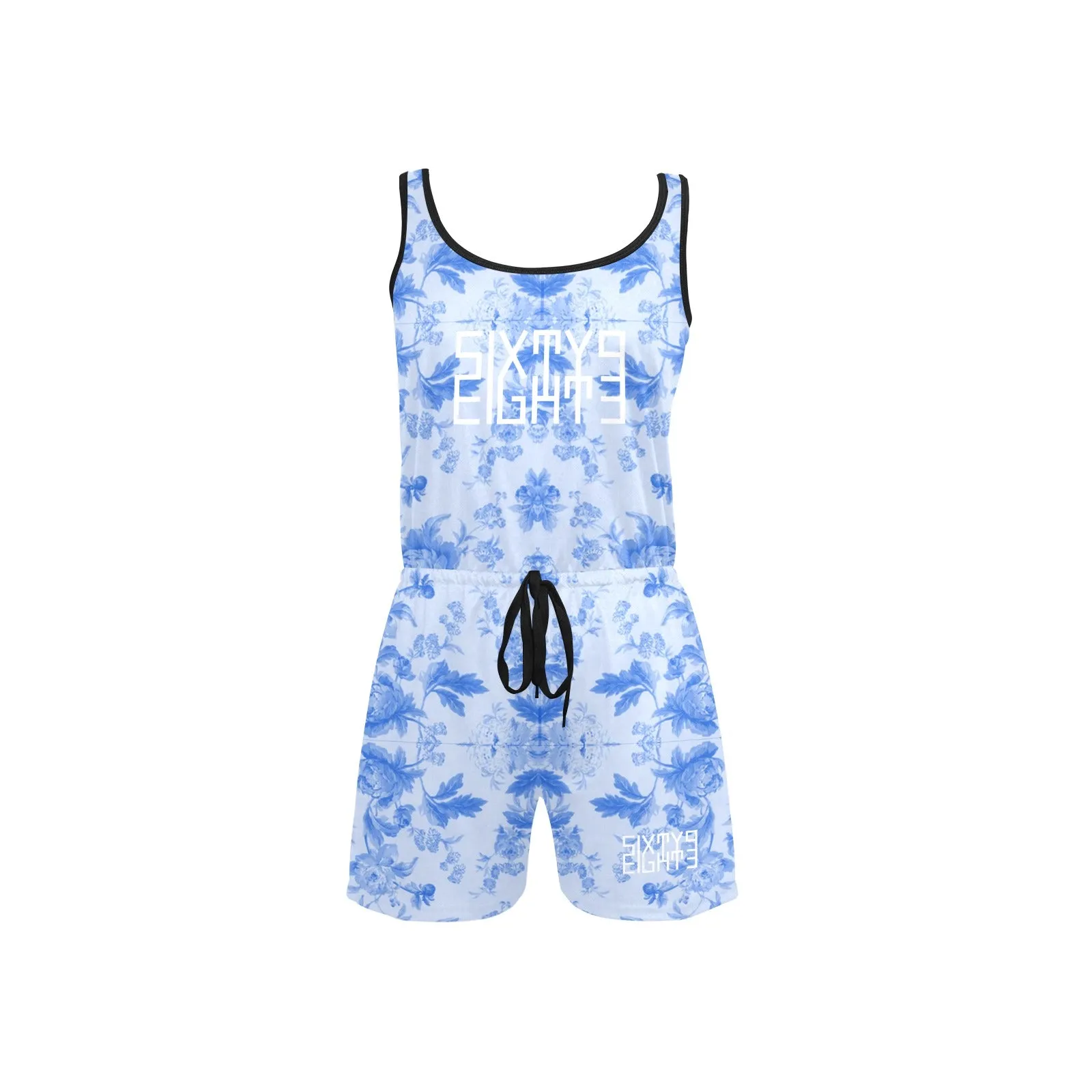Sixty Eight 93 Logo White Floral Blue & White Women's Sleeveless Short Jumpsuit