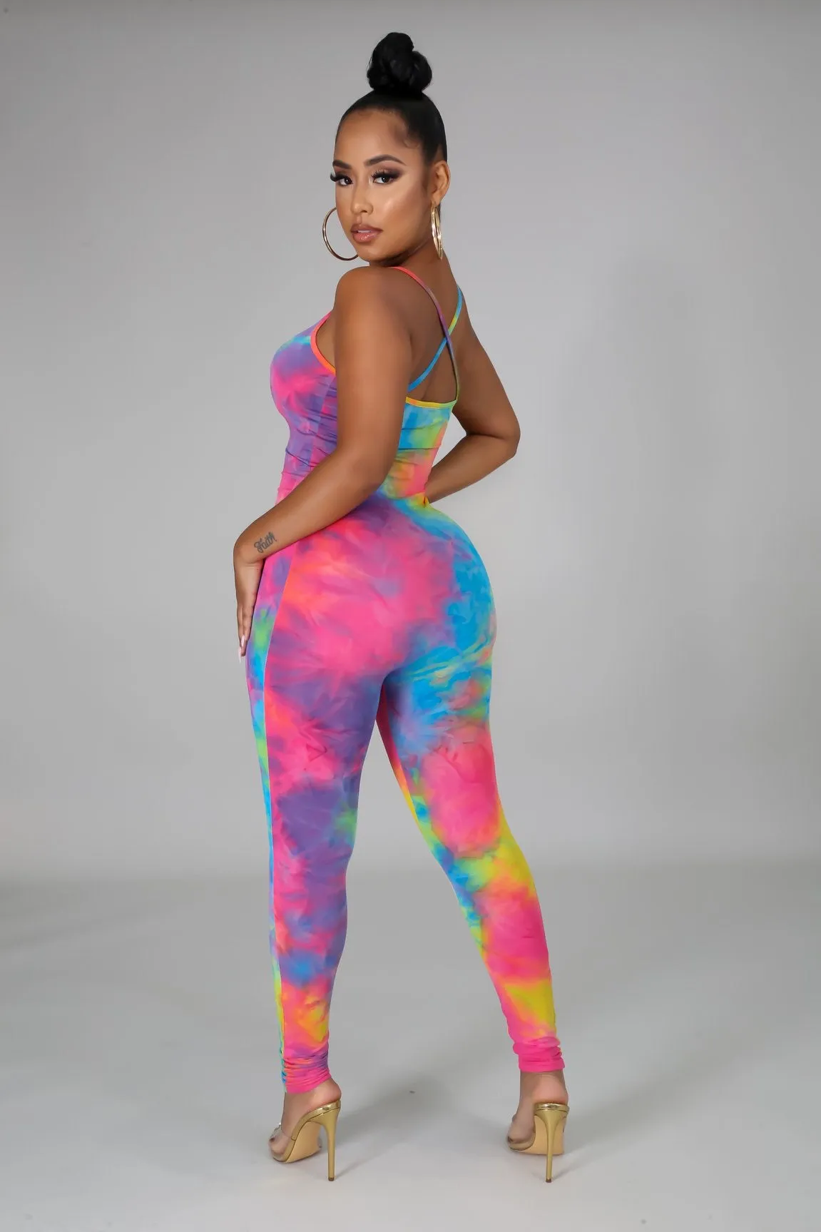 Stretchy Tie Dye Jumpsuit- Yellow Pink