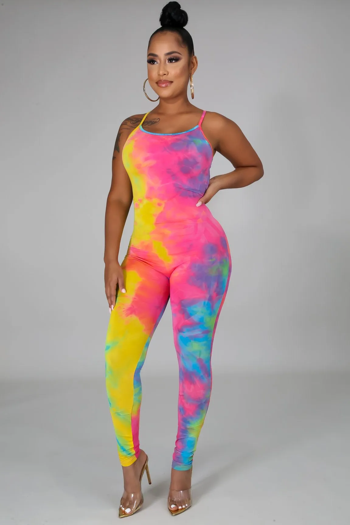 Stretchy Tie Dye Jumpsuit- Yellow Pink