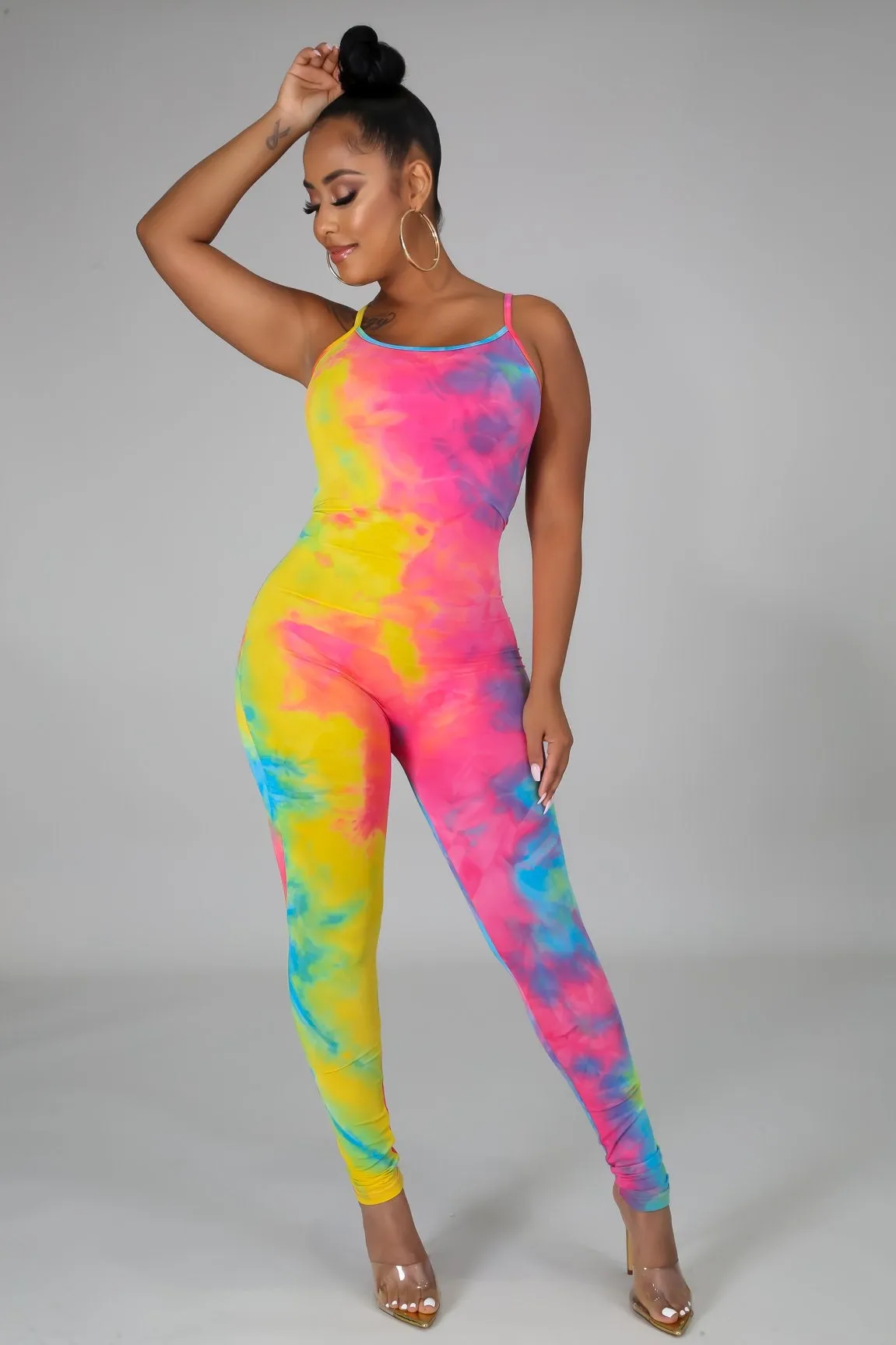 Stretchy Tie Dye Jumpsuit- Yellow Pink
