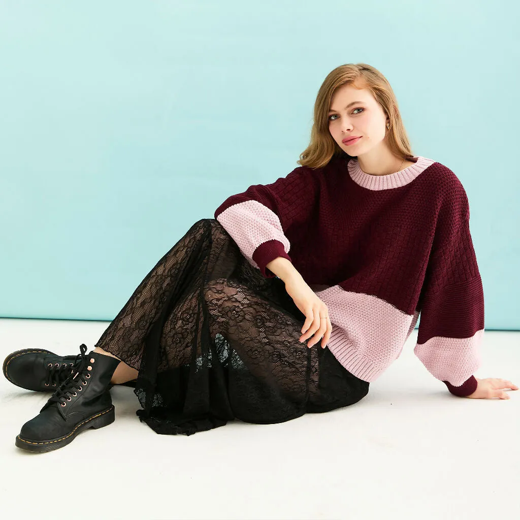 Taz Recycled Cotton Mix Two Tone Jumper - Burgundy