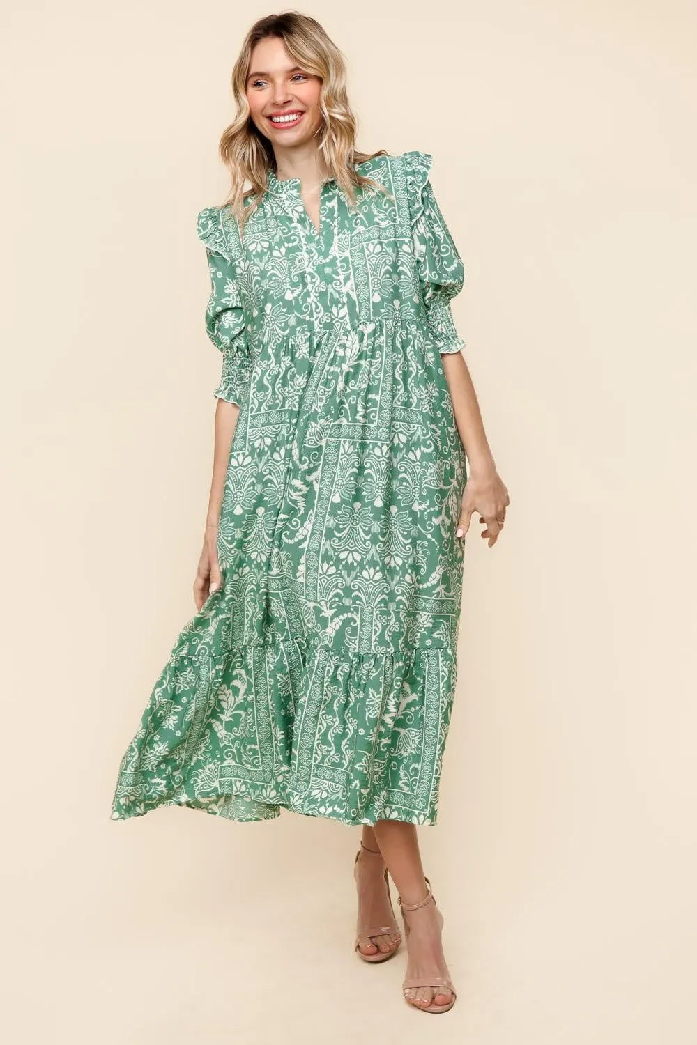 TIERED FLORAL MIDI DRESS W/ SIDE POCKETS