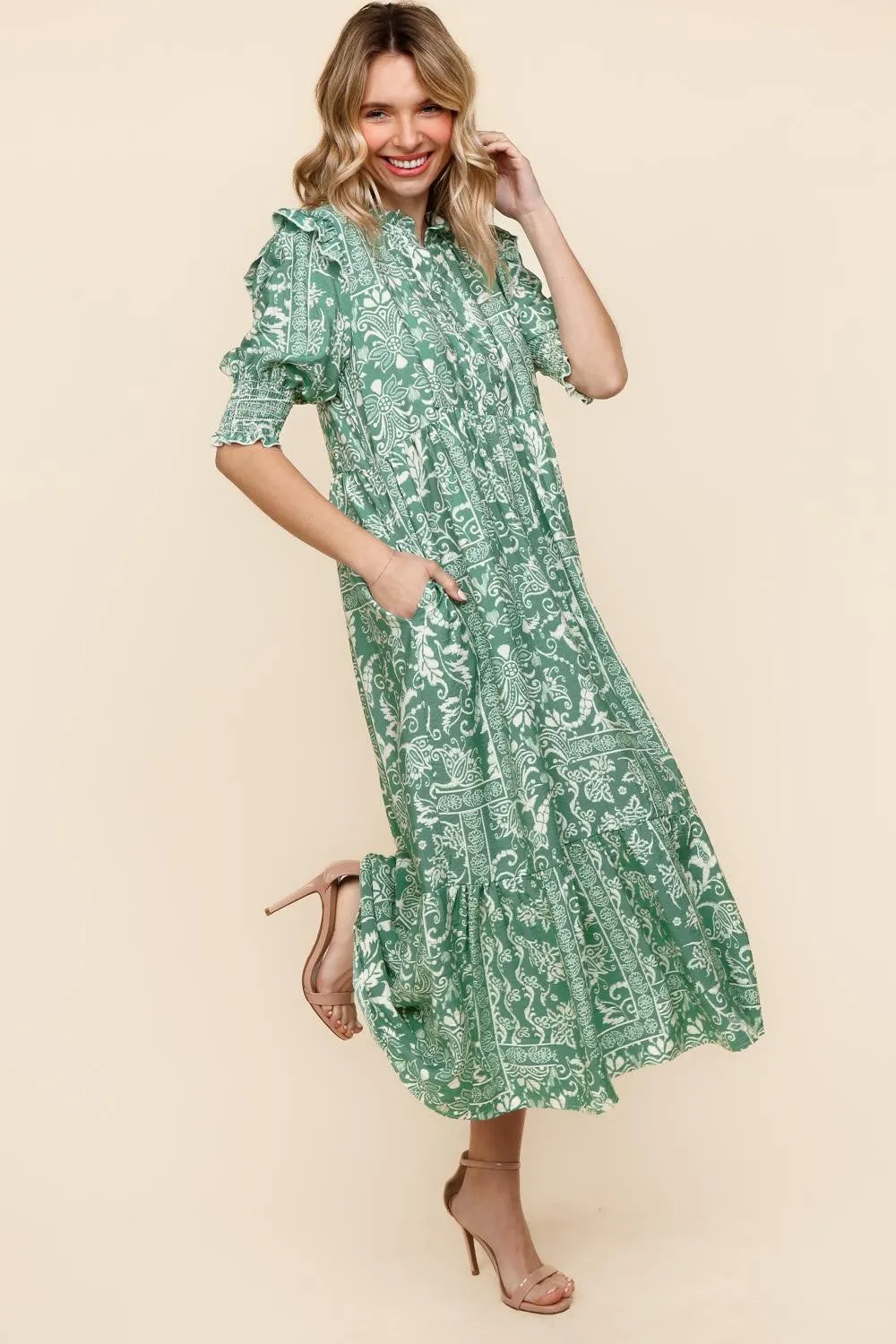 TIERED FLORAL MIDI DRESS W/ SIDE POCKETS