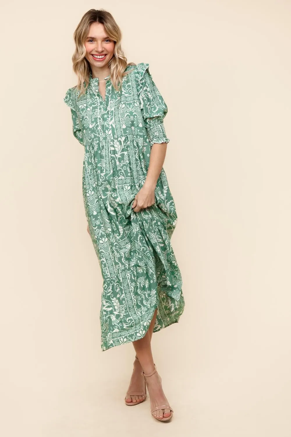 TIERED FLORAL MIDI DRESS W/ SIDE POCKETS