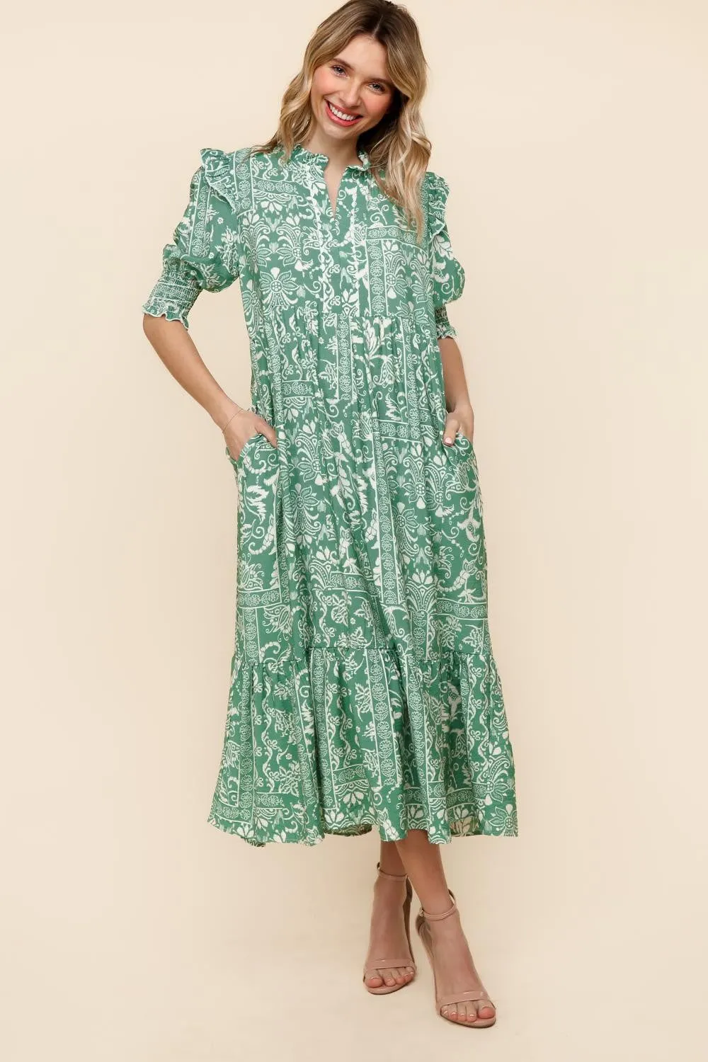 TIERED FLORAL MIDI DRESS W/ SIDE POCKETS
