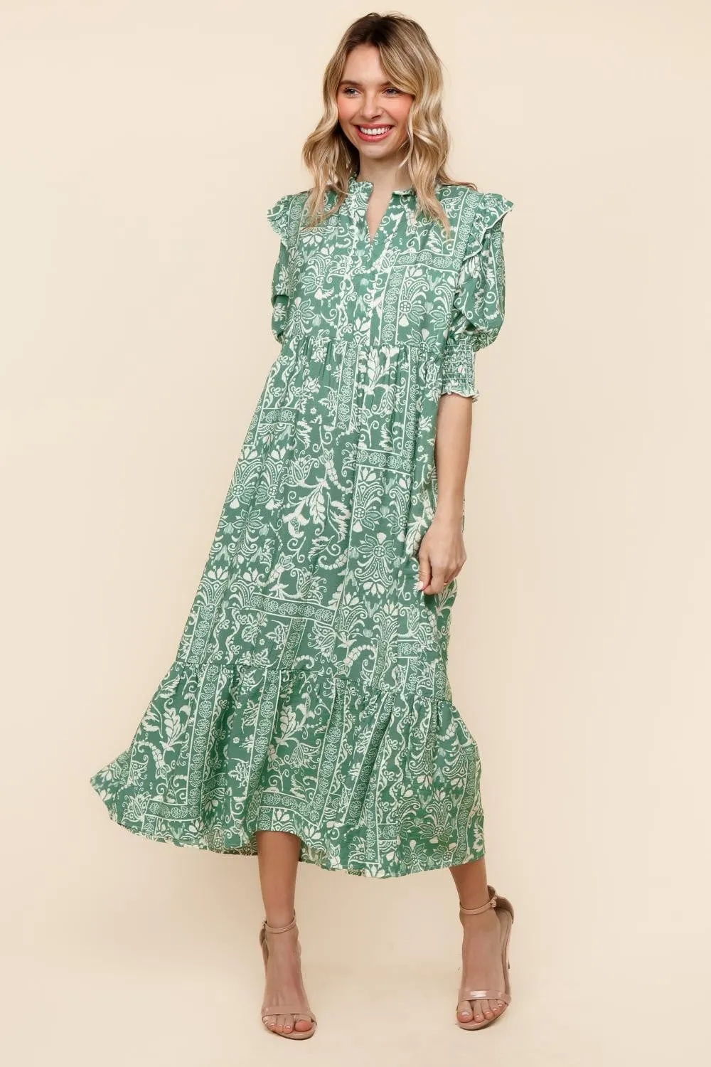 TIERED FLORAL MIDI DRESS W/ SIDE POCKETS