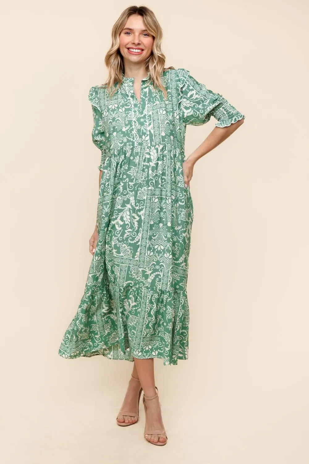 TIERED FLORAL MIDI DRESS W/ SIDE POCKETS