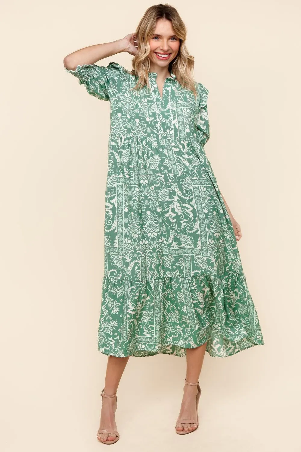 TIERED FLORAL MIDI DRESS W/ SIDE POCKETS