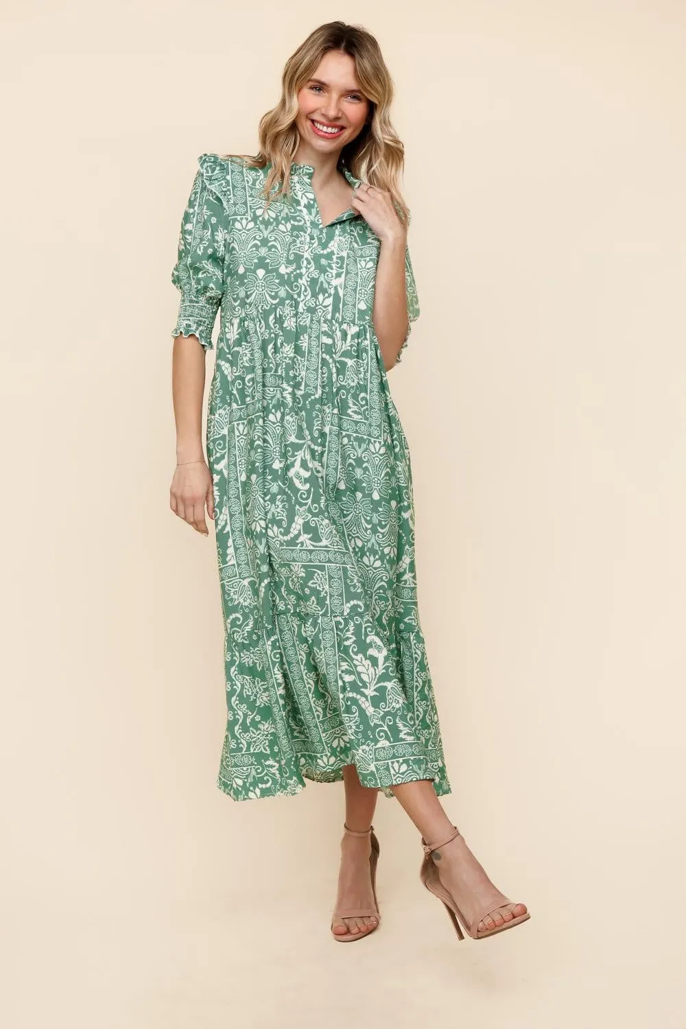 TIERED FLORAL MIDI DRESS W/ SIDE POCKETS