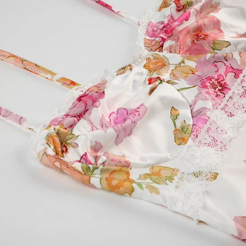 Uniwim Elegant Lace Trim Flowers Printing Maxi Dress