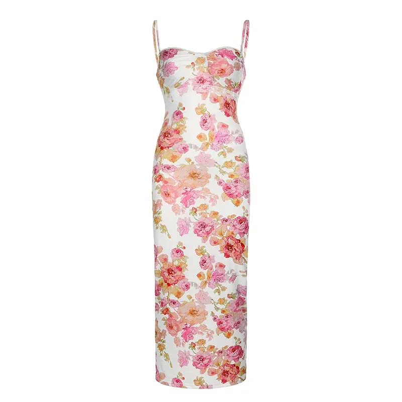 Uniwim Elegant Lace Trim Flowers Printing Maxi Dress