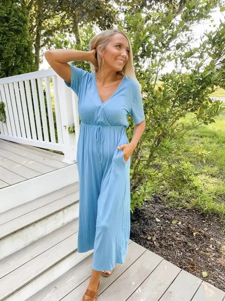 V-Neck Short Sleeve Jumpsuit - Denim