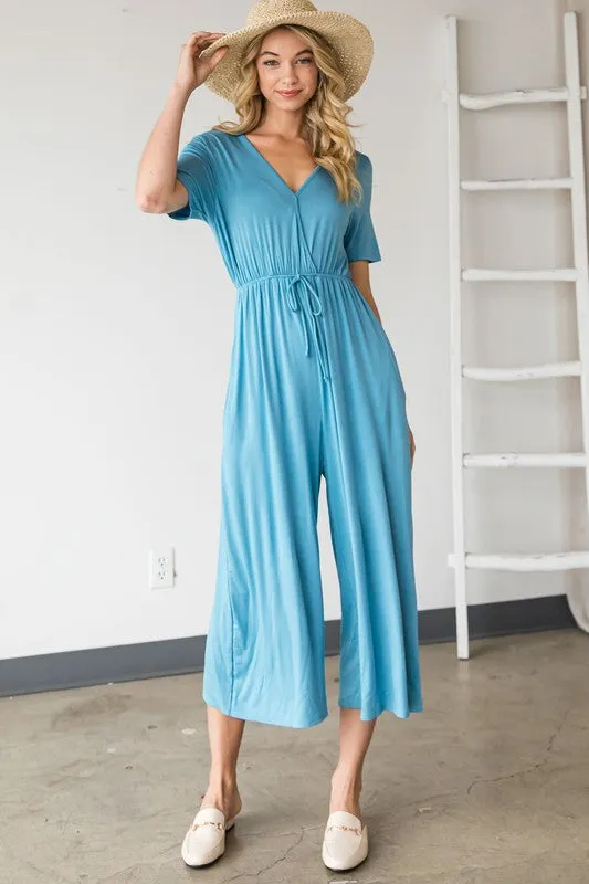 V-Neck Short Sleeve Jumpsuit - Denim
