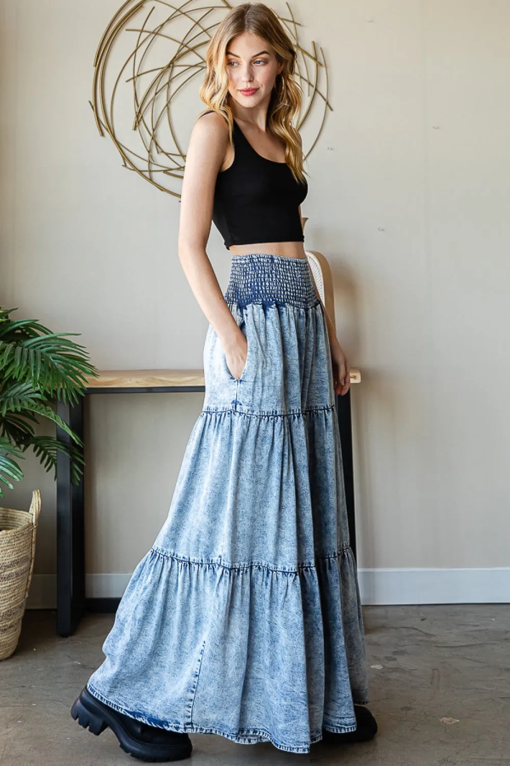 Washed Tencel Tiered Wide Pants