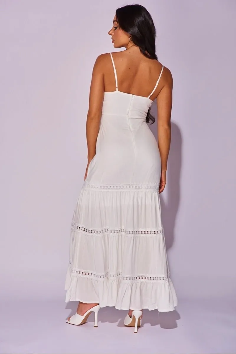 White Crochet Trim Tiered Tie Front Maxi Dress