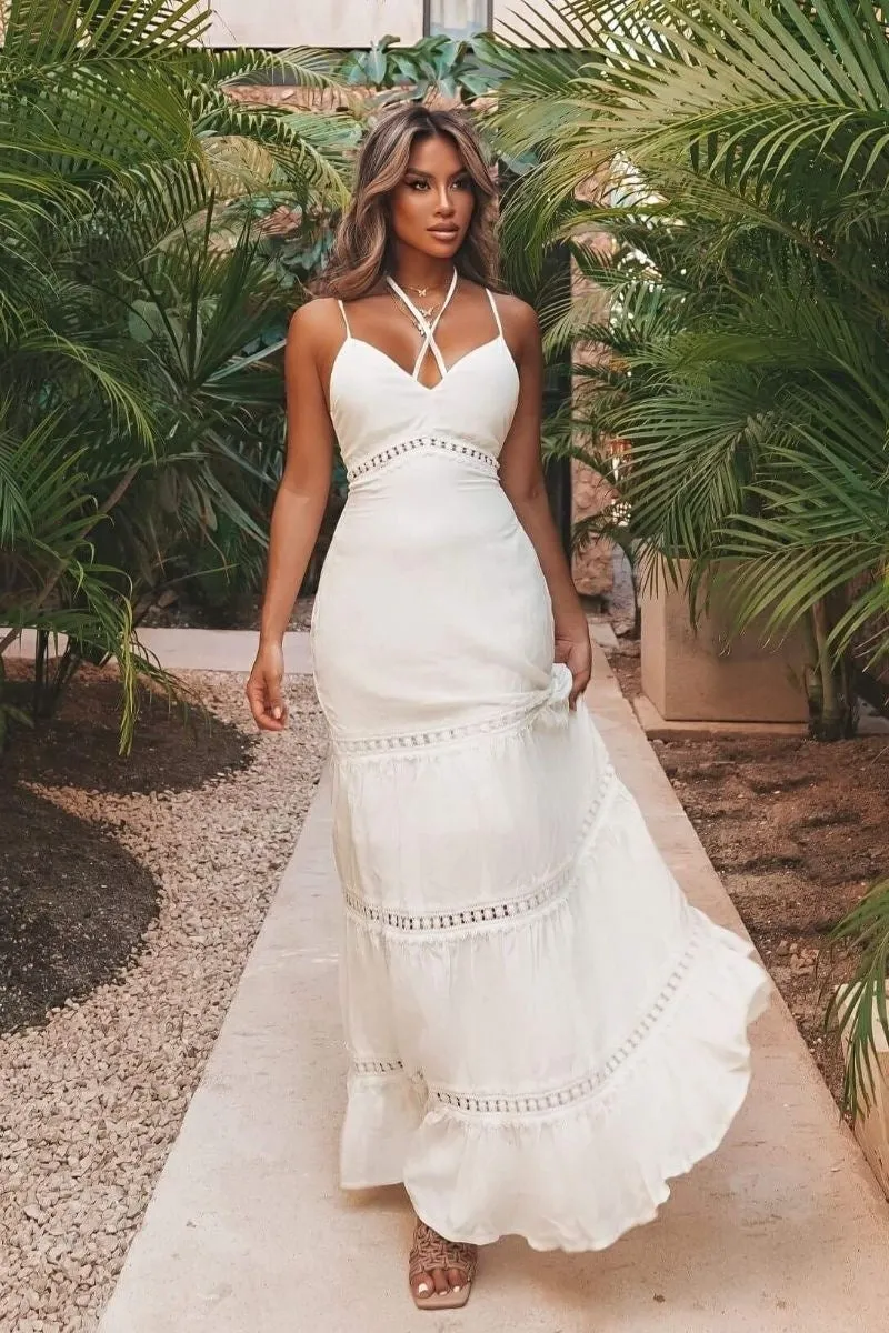 White Crochet Trim Tiered Tie Front Maxi Dress