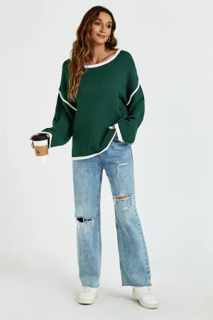 White Striped Oversized Jumper Top In Dark Green