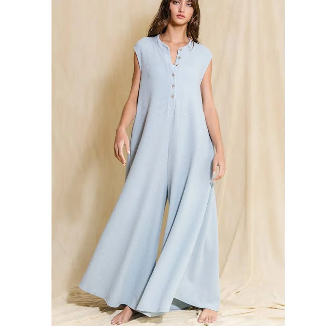 Wide Leg Button-up Loose Fit Solid Jumpsuit: Sky Blue