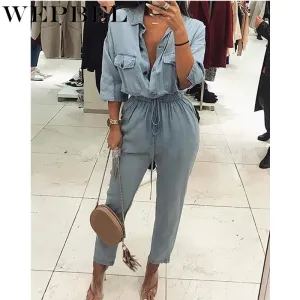 Women Single Breasted Lapel Collar Jeans Rompers