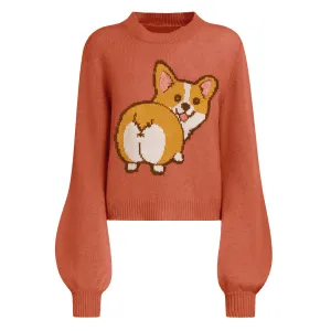Women's orange corgi jacquard lantern sleeve sweater