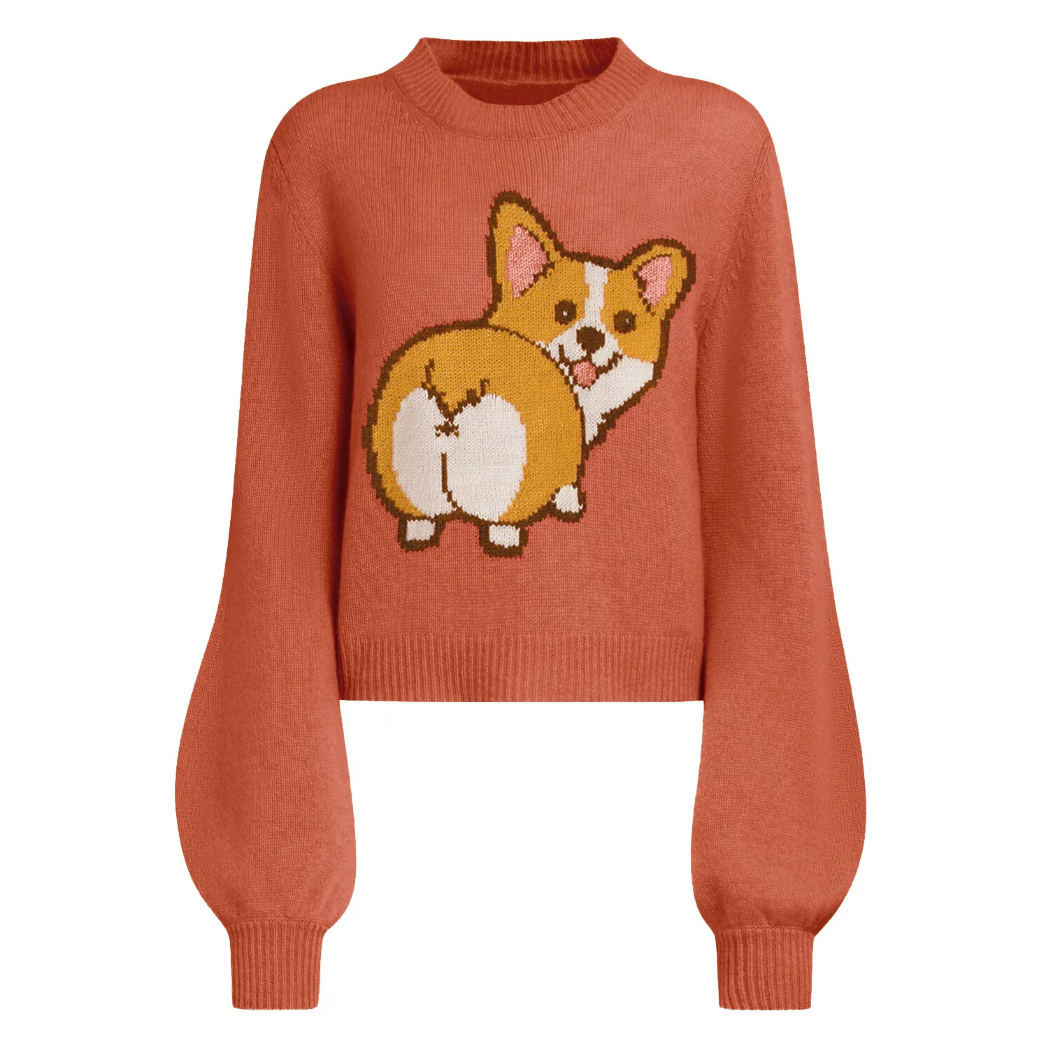 Women's orange corgi jacquard lantern sleeve sweater