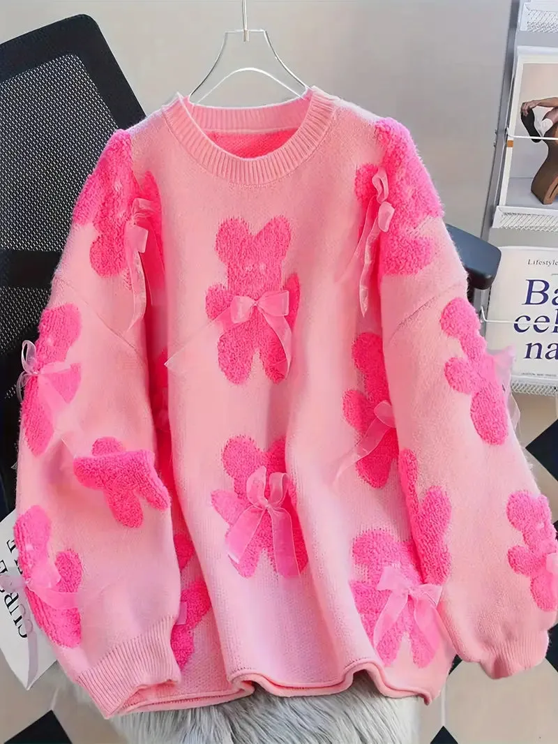 Women's Playful Bear and Bow Knot Knitted Jumper | Ideal for Autumn/Winter