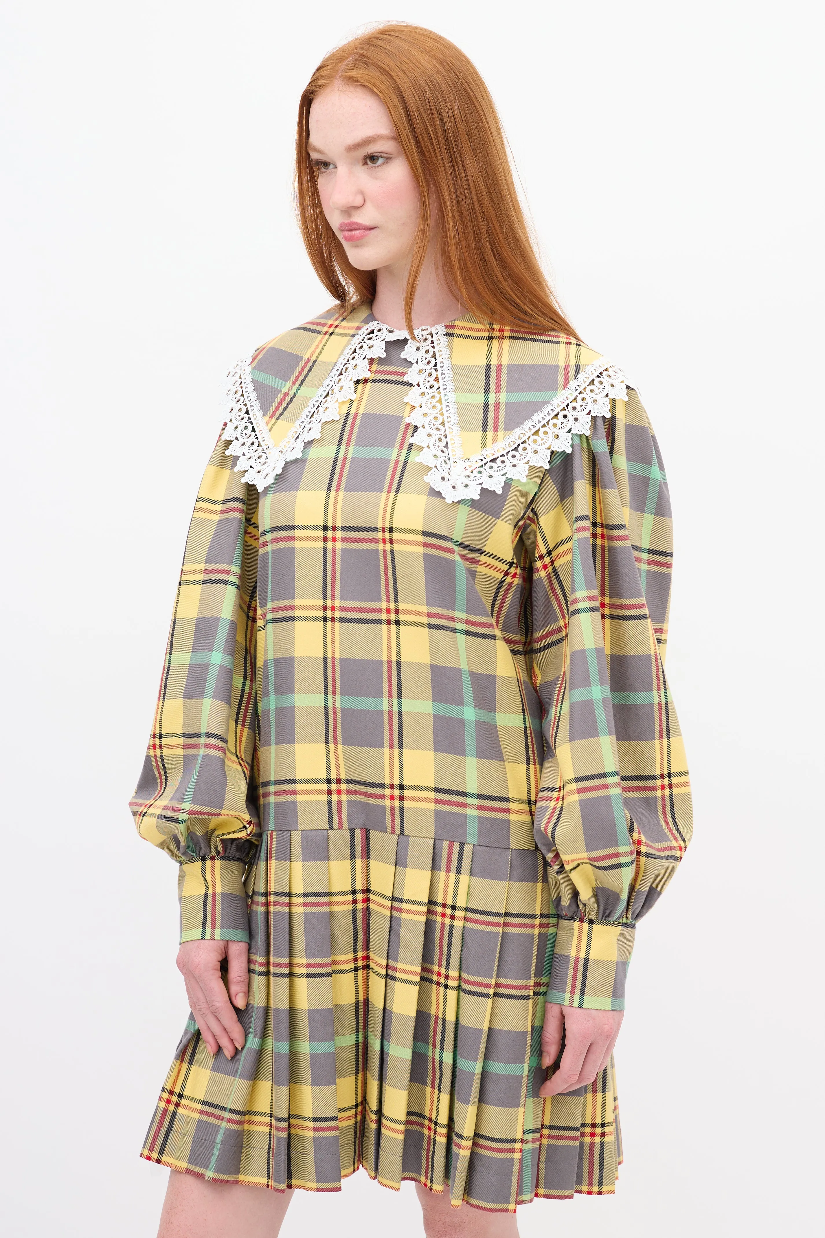 Yellow & Multi Plaid Pleated Babydoll Mini Dress