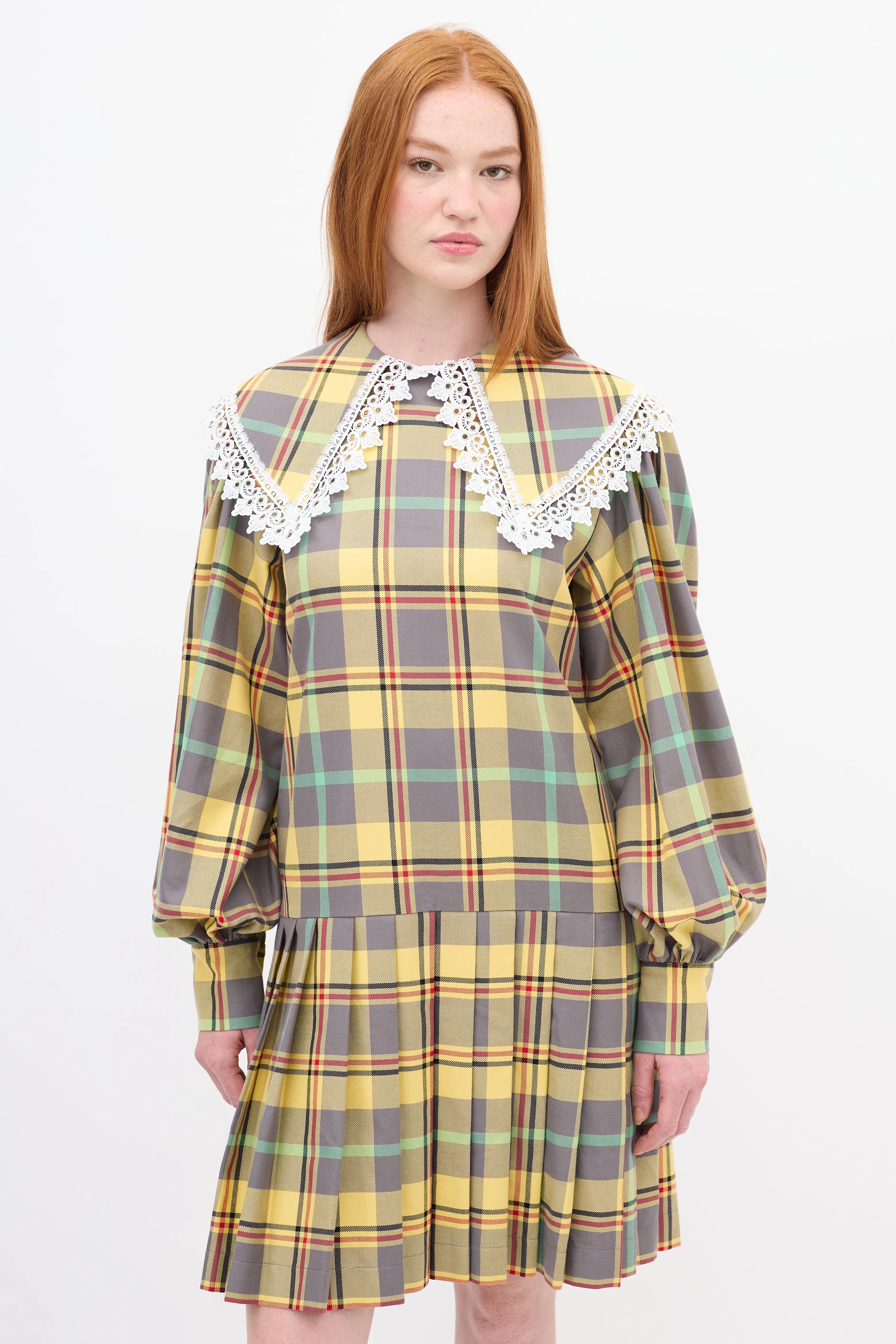 Yellow & Multi Plaid Pleated Babydoll Mini Dress