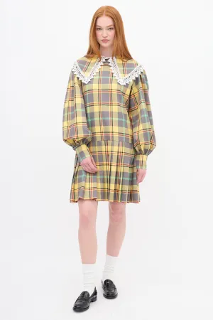 Yellow & Multi Plaid Pleated Babydoll Mini Dress