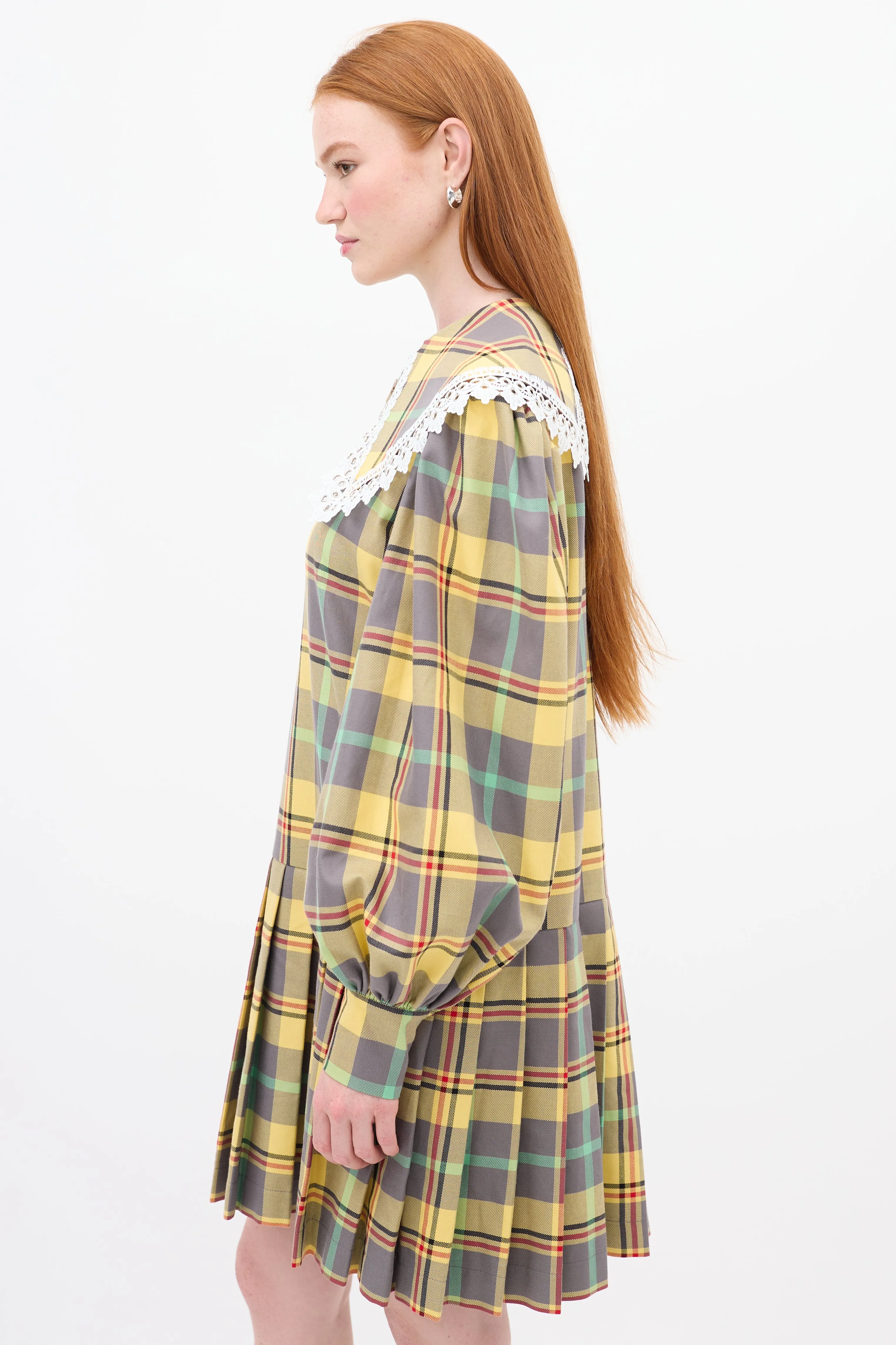 Yellow & Multi Plaid Pleated Babydoll Mini Dress